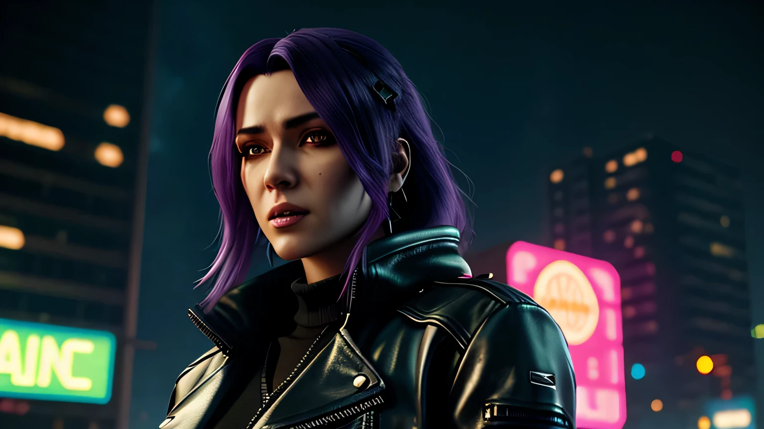 close-up portrait of undertaker look-alike, arte conceitual detalhada do personagem, Inspirado por, realista, retrato de personagem de fantasia, Ciberpunk, motor irreal 5, estilo RPG, trends on artstation, Qualidade da CGSociedade, Fundo Bokeh, foco suave, Lente de 35 mm, jaqueta de couro, textura de couro complexa, Ciberpunk outfit, olhar confiante, Estilo de arte de Alexandra Fomina, ((masterfully crafted Ciberpunk clothes, olhos expressivos, postura forte), fotografia profissional, Dynamic Posture, Texturas de alta fidelidade), cinematic lighting, cores atraentes, volumetric neon lightning, vivid neon lights, cores vivas, close up photo at eye level, High definition, efeitos de alta fidelidade, Octane rendering, arte da nintendo
