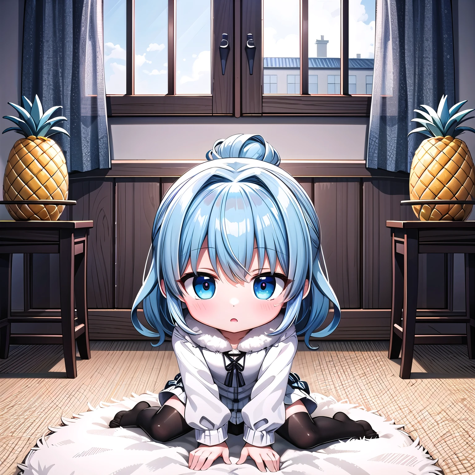 (((Chibi, Pineapple, Petite, Cute))), ((3DCG,Nendoroid, 1 girl, masterpiece, almond-shaped eyes, beautiful skin, red cheeks, glossy white-blue hair, short chignon hair)), Indifferent, expressionless,Top quality , delicate fingers, curly hair, warm clothes, strong light and shadow, full body, winter clothes,gothic dress,room,black tights,blythe,négligé,best view spot,fluffy carpet,white skin,bend down,morning