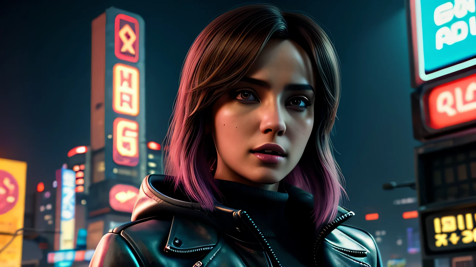 close-up portrait of Ana de Armas lookalike, arte conceitual detalhada do personagem, Inspirado por, realista, retrato de personagem de fantasia, Ciberpunk, motor irreal 5, estilo RPG, trends on artstation, Qualidade da CGSociedade, Fundo Bokeh, foco suave, Lente de 35 mm, jaqueta de couro, textura de couro complexa, Ciberpunk outfit, olhar confiante, Estilo de arte de Alexandra Fomina, ((masterfully crafted Ciberpunk clothes, olhos expressivos, postura forte), fotografia profissional, Dynamic Posture, Texturas de alta fidelidade), cinematic lighting, cores atraentes, volumetric neon lightning, vivid neon lights, cores vivas, close up photo at eye level, High definition, efeitos de alta fidelidade, Octane rendering, arte da nintendo