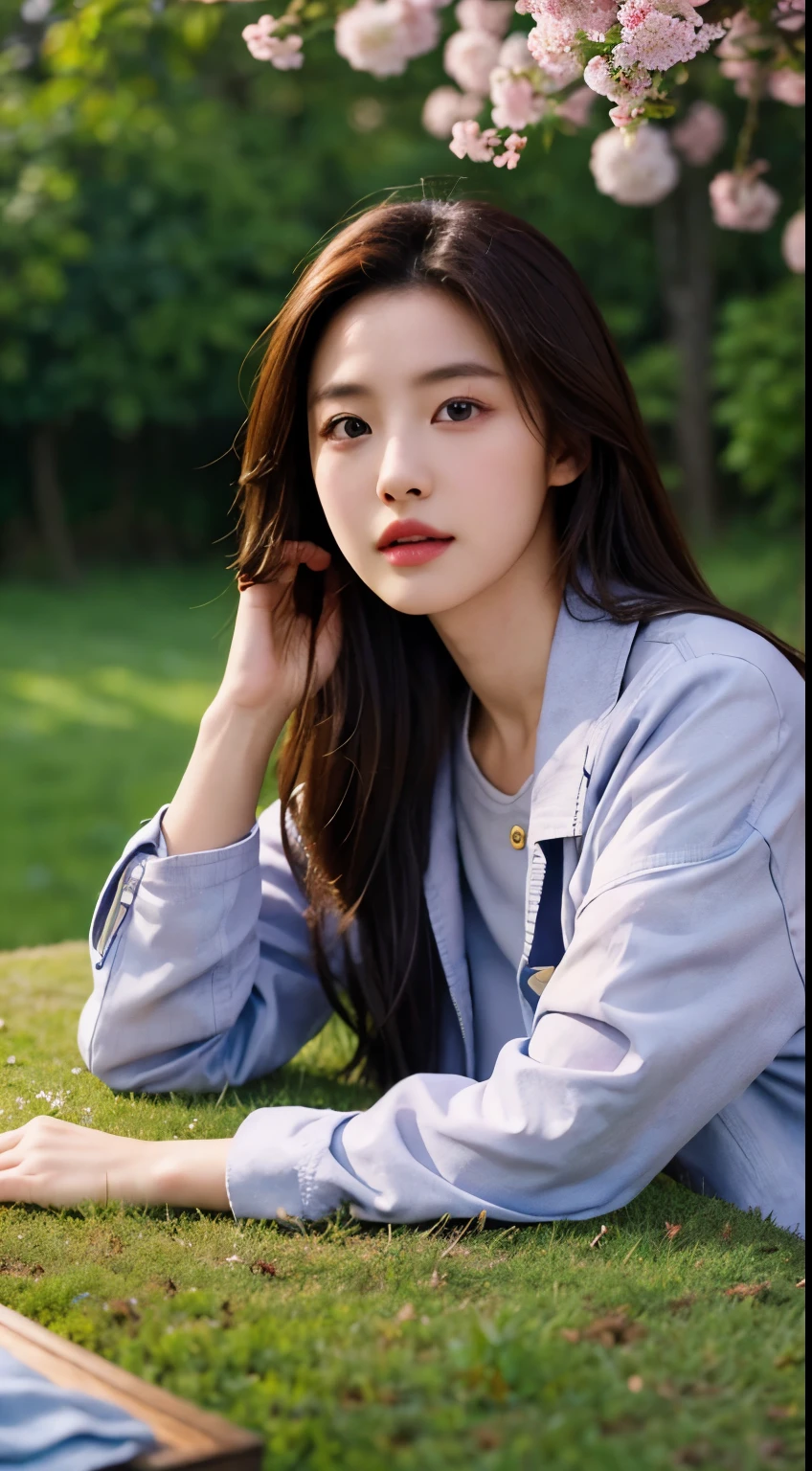 (table top 、highest quality 、HDR UHD 、Professional)、(Photoreal:1.4)、1 girl、japanese woman、Natural light、 realistic face、 long brown hair、 wearing a jacket、garden、grass、(Cherry tree)、blue sky