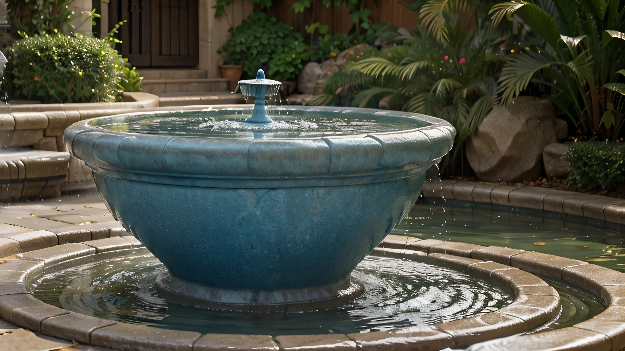 Mystical Well-being Fountain: Illustrate a fountain overflowing with positive hormones, portraying the well-being and health benefits of embracing the stress response.
