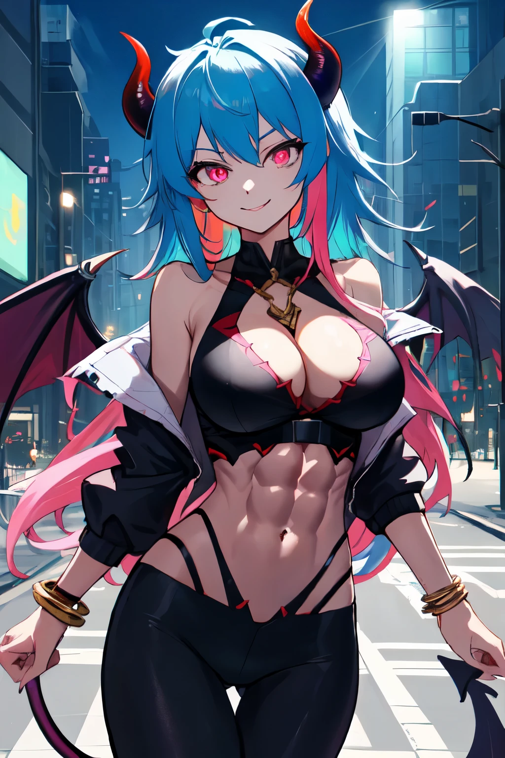 (demon horns), cold eyes, mad smile, large breasts, masterpiece、hyper details, ultra-quality、ultra-detailliert、Perfect drawing、Solo、large wing, city backgroung, multi-colored hair red-blue, abs, Detailed eyes, clothes between breasts female focus hairless halter top looking at viewer medium breasts navel outside pink eyes public public nudity spiked bracelet thigh gap, beatiful backgrounds、Accurate drawing、Detailed drawing、high-class sense、Open、Functional、(Composition with an emphasis on the chest)、(Shine a light on the subject)、