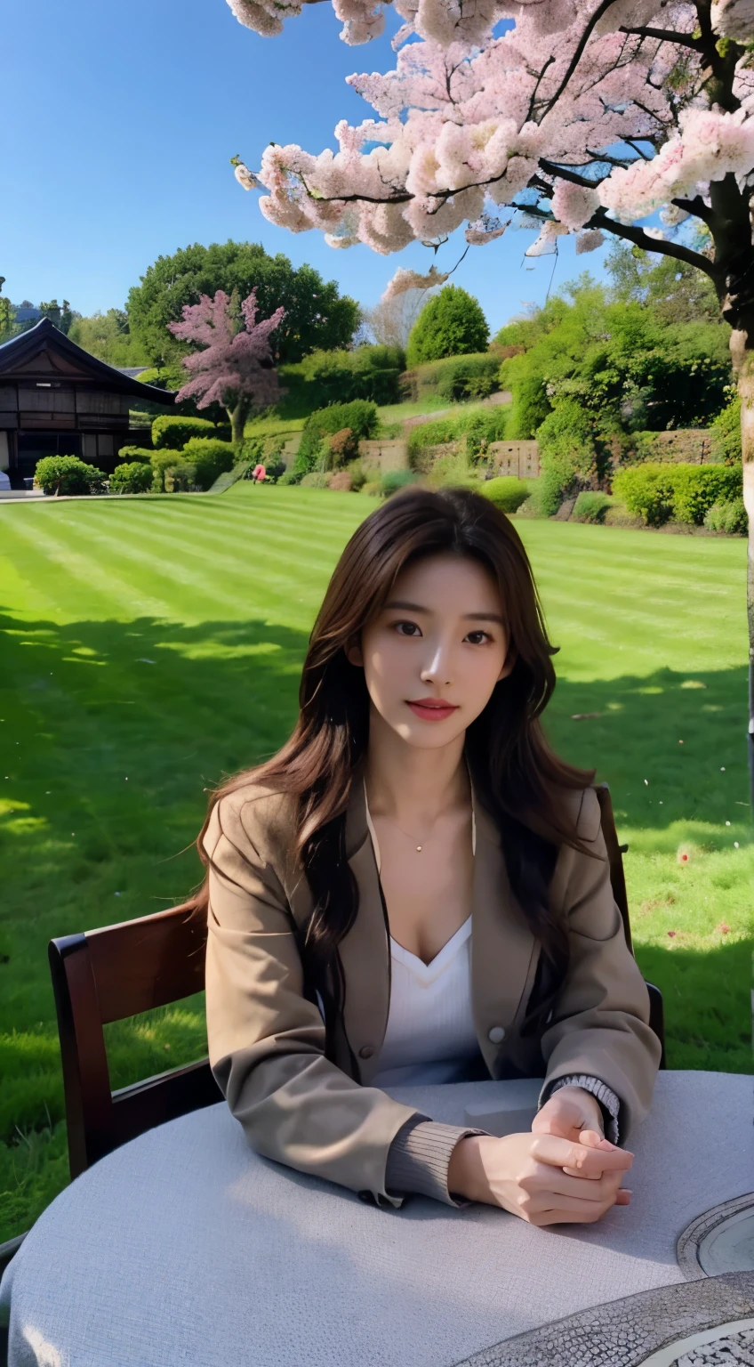 (table top 、highest quality 、HDR UHD 、Professional)、(Photoreal:1.4)、1 girl、japanese woman、Natural light、 realistic face、 long brown hair、 wearing a jacket、garden、grass、(Cherry tree)、blue sky