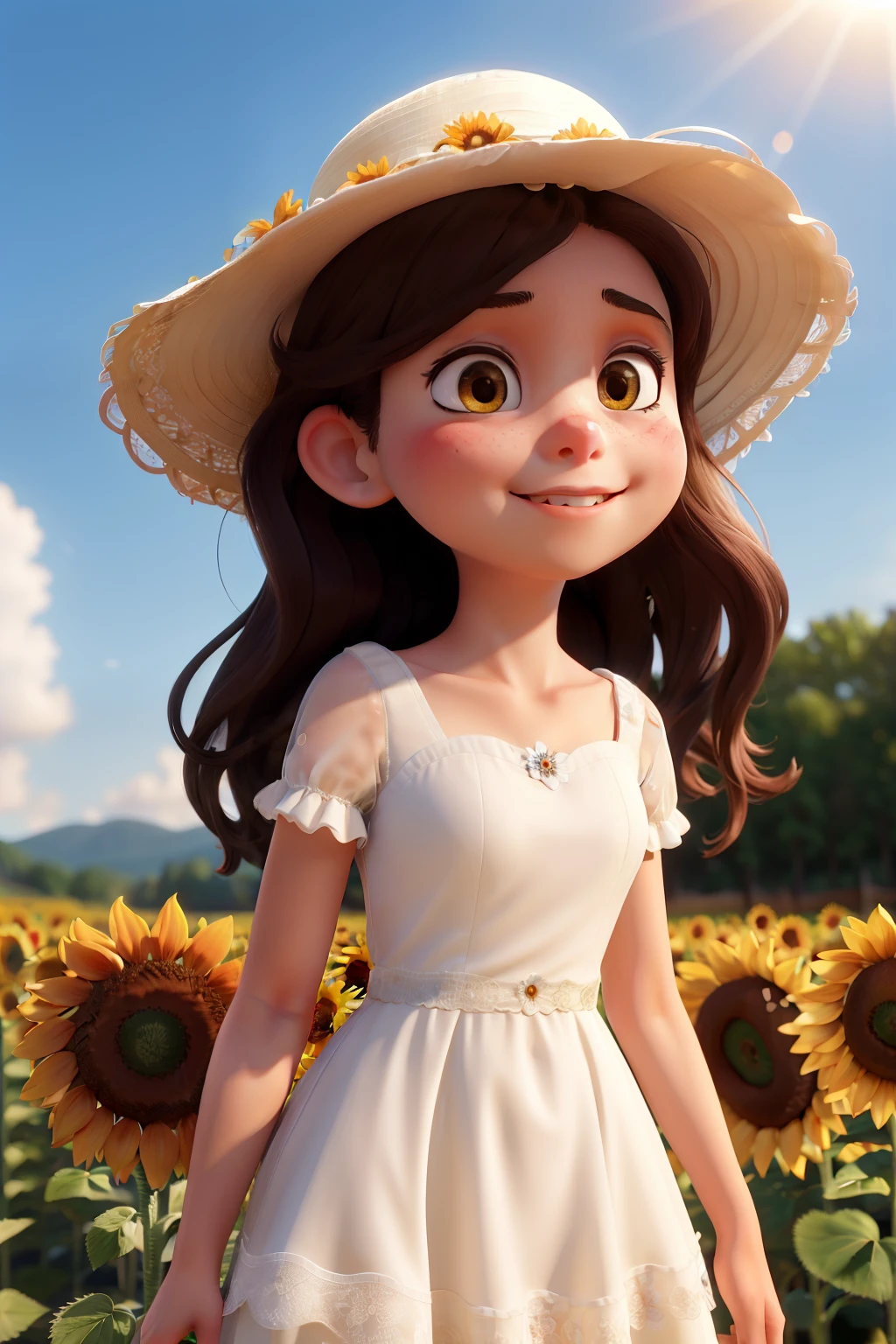 In the heart of a sun-kissed sunflower field, a young girl dressed in a pristine white lace dress with a flowing sun hat adorned with delicate flowers stands alone. The sun casts intense light and shadow upon her, accentuating the dynamic pose she had taken. Her faint smile reveals the unbroken promise she holds within, as the gentle wind plays with her long, flowing hair. The scene is a stunning masterpiece of nature and emotion, a testament to the enduring power of love.