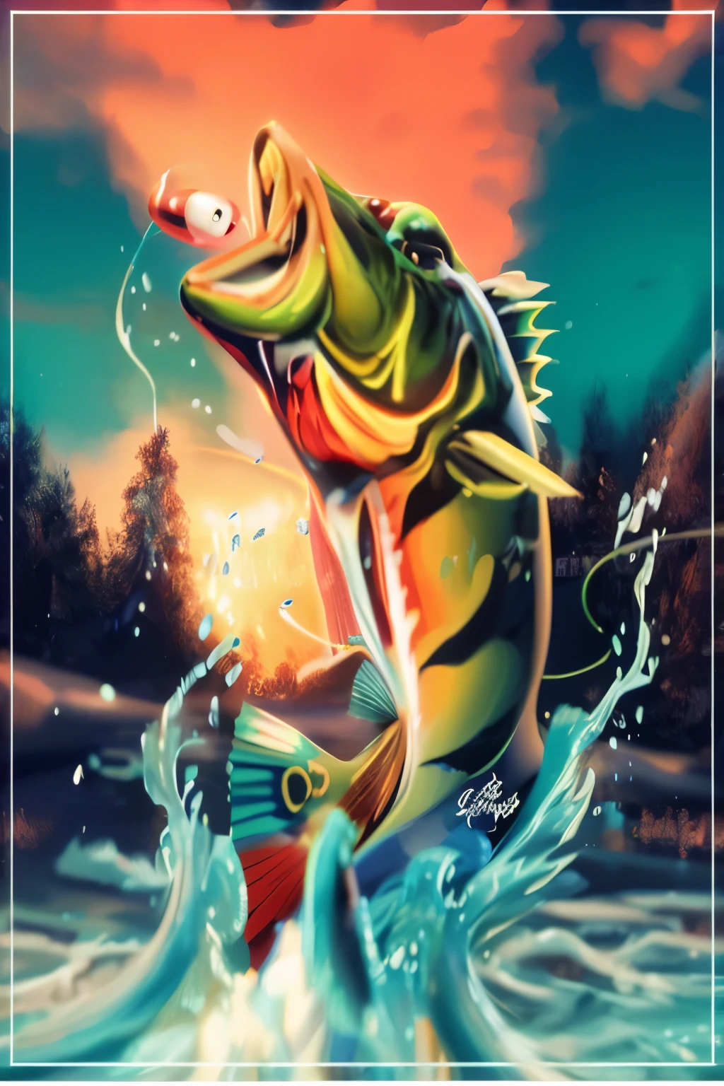 painting of a large mouth bass jumping out of the water, stylized digital illustration, artistic illustration, arte digital surrealista, arte digital estilizada, linda arte digital, colorful digital illustration, pesca do robalo, arte de pintura digital dos desenhos animados, artistic digital art, arte do photoshop, digital oil painting with airbrush, no estilo da pintura digital, in digital illustration style