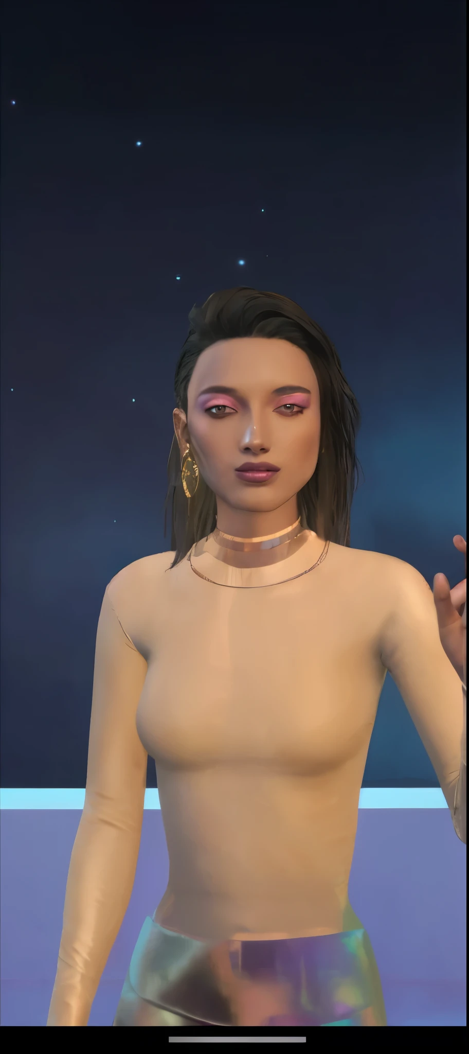 An attractive and androgynous woman with one dangling copper earring and multiple thin choker necklaces, raising one arm and hand in view, shoulder length dark hair parted on one one side and purple hue lips are smirking, wearing a tight exposing beige cream color long-sleeve top, and high-rise holographic leggings. background has a window that depicts a night sky.