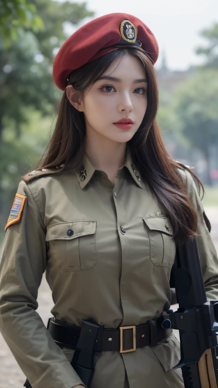 ((Best Quality, 8k, Masterpiece:1.3)), Focus:1.2, Perfect Body Beauty:1.4, ((Delicate Hair)), (Military Uniform:1.1), (Red Beret Army: 1.1), (Firearms: 1.1), (Soldier Uniform: 1.1), Military Coat: 1.1) Highly detailed face and skin texture, Detailed eyes, Double eyelids, whitening skin, Big breasts, smile, in the jungle, super detailed face, super detailed eyes, super detailed, hands, super detailed fingers, super detailed body, super fine body, super fine face, super fine eyes, super fine fingers, super fine hands, super fine foots, Holding firearms, rifle, Soldier, Perfect Soldier, weapon, rifle, special force, military, Super detailed firearms, Super Detailed Military Coat, Army, Super fine firearms, Super detailed Beret, Super detailed firearms, Super realistic firearms, super detailed rifle, super realistic, muscular, female soldier, Commissioned Officer, high ranking officer, general rank, with a view of the self-propelled artillery behind her, Super Detailed red beret, realistic view, perfect lighting, military vehicle