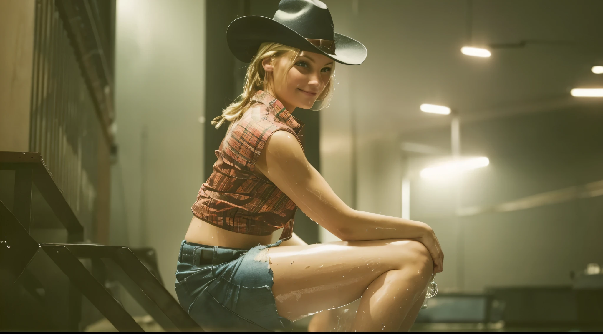 Blonde hair,cute,(((Sweaty))),((blue eyes)),deep navel,hot,big cleavages,short smiling,hat