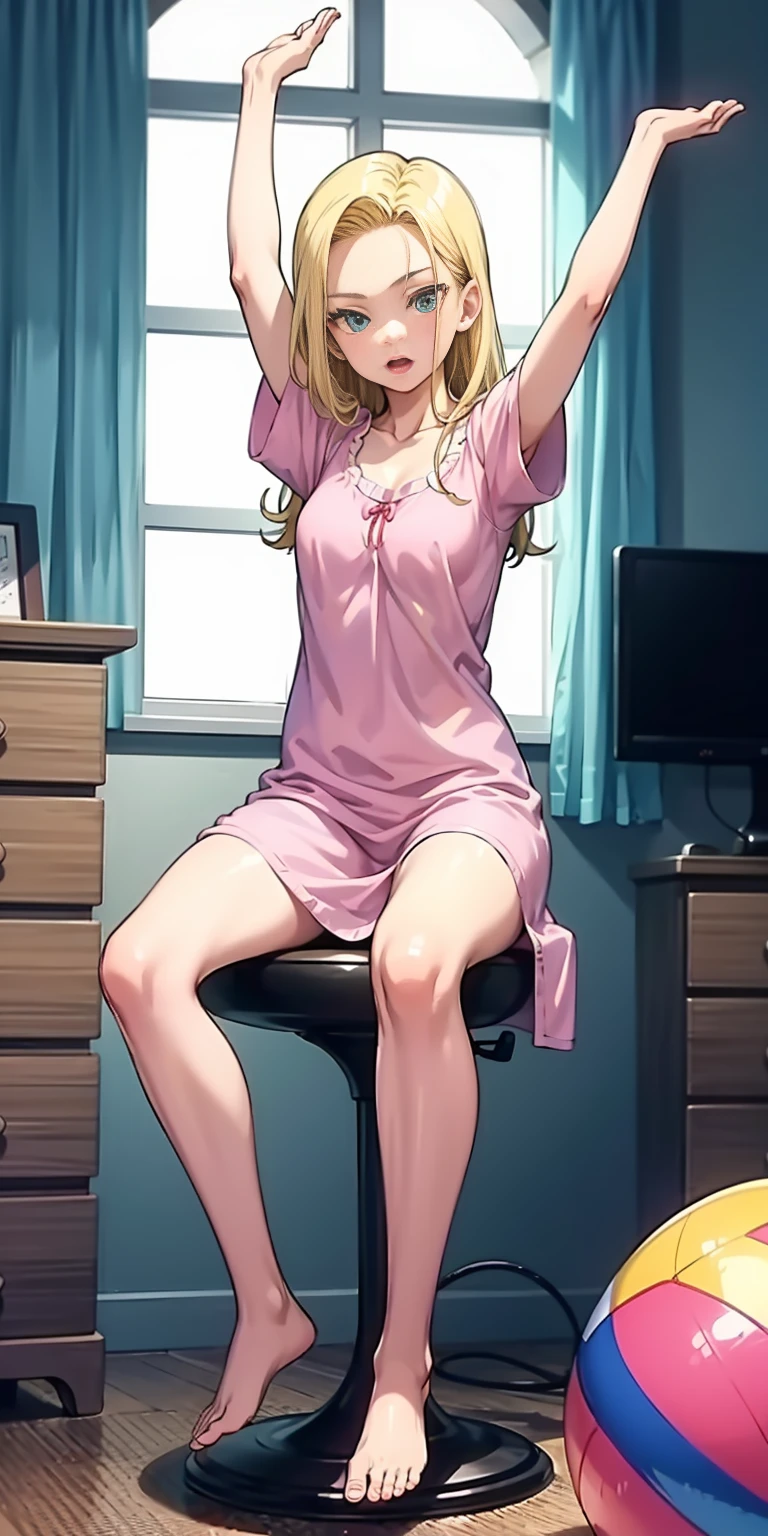 1girl, sitting on the Exercise ball , arms raised in the air , front view, cute, android 18, blonde hair, shor hair, wearing pink nightgown