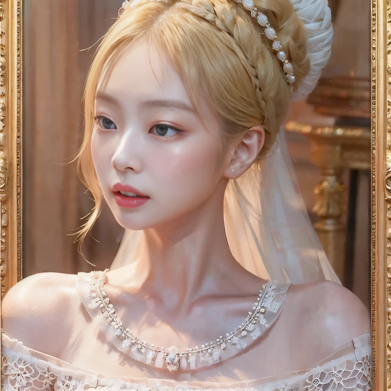 a Korean woman being royalty, she wears an elegant pink dress, she has beautiful very blonde hair, white skin, jennie kim, beautiful woman, color antique portrait painting style, korean royalty, oil painting, elegant dress
