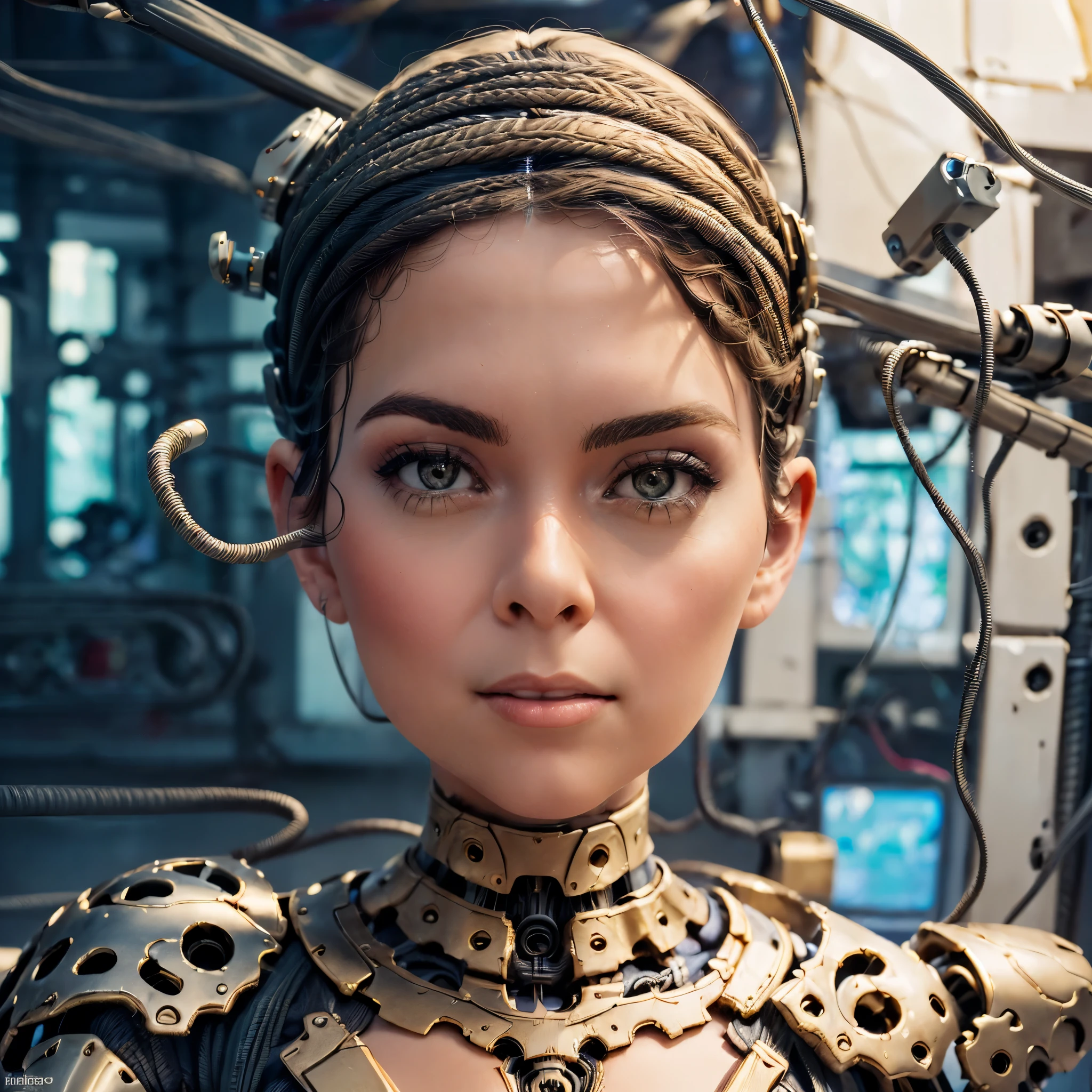 (((masterpiece))), (((best quality))), ((ultra-detailed)), (highly detailed CG illustration), ((an extremely delicate and beautiful)),(cute delicate face),cinematic light,((1mechanical girl)),solo,full body,(machine made joints:1.4),((machanical limbs)),(blood vessels connected to tubes),((mechanical vertebra attaching to back)),((mechanical cervial attaching to neck)),((sitting)),expressionless,(wires and cables attaching to head and body:1.5),(character focus),science fiction