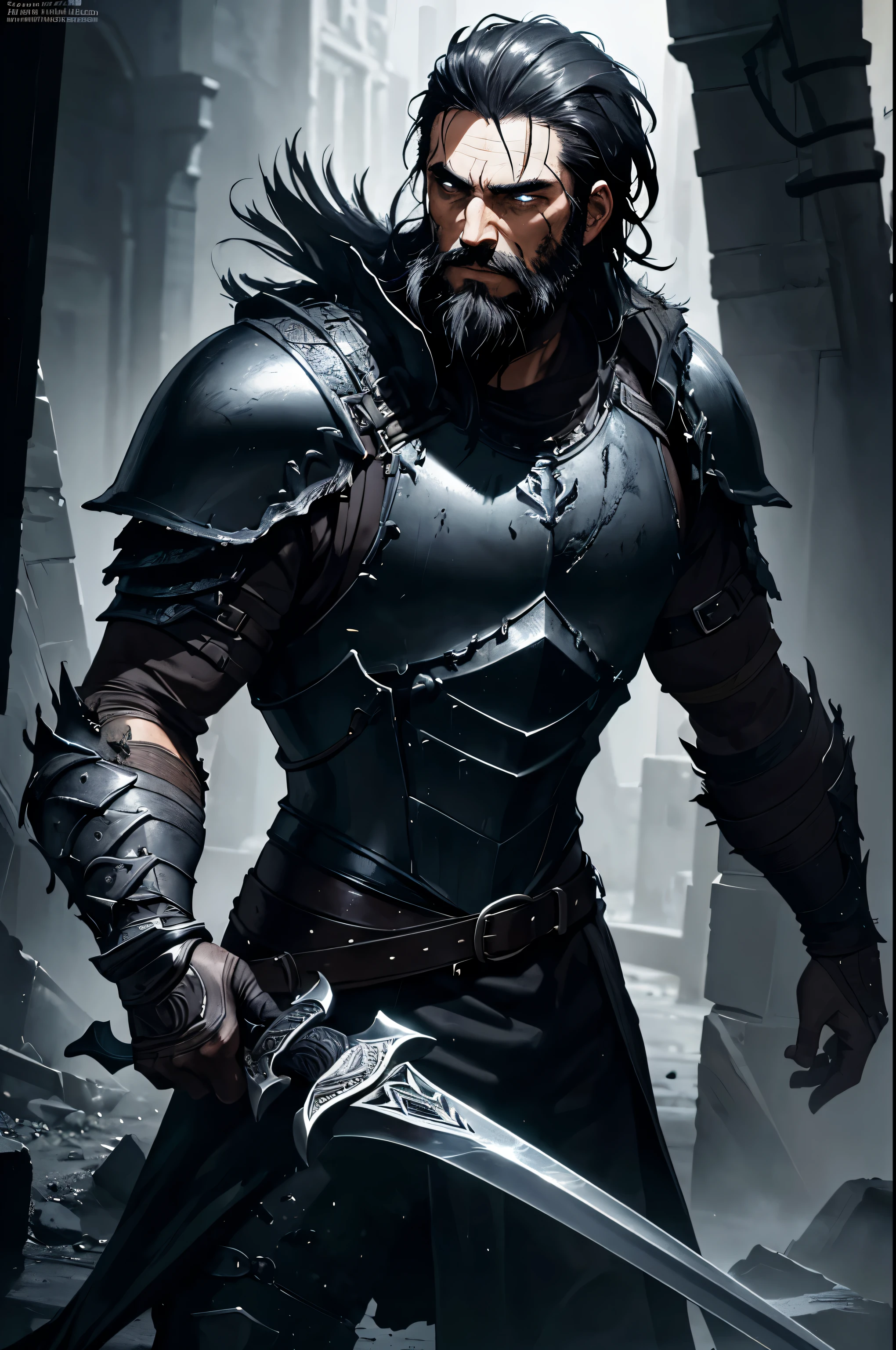 (a man,warrior,dirty black hair and beard,dark fantasy),(detailed black armor),(large sword),(best quality),(ultra-detailed),(realistic),(dark and moody lighting)