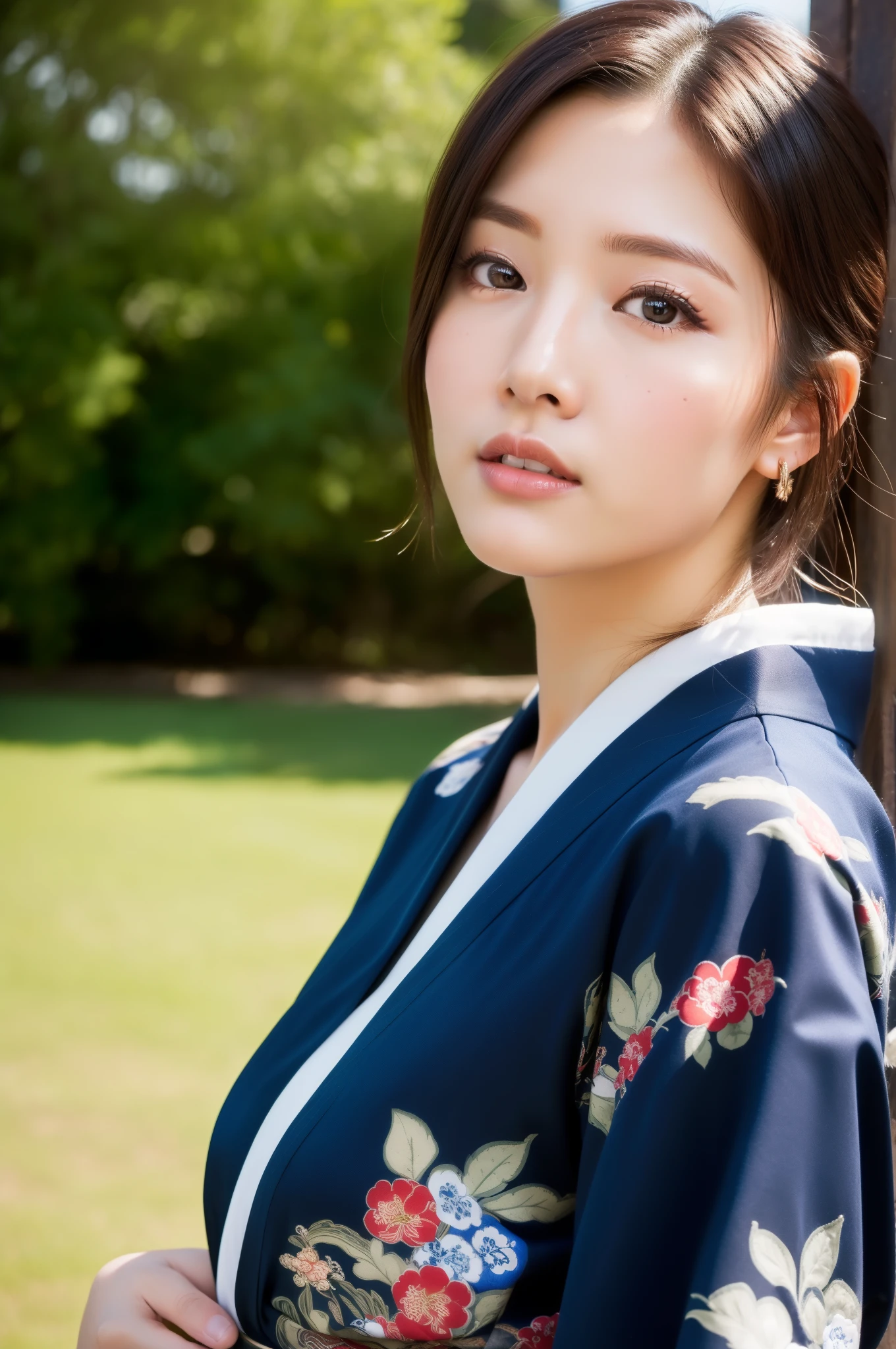 ((Top Quality, 8K, Masterpiece: 1.3)), Sharp Focus: 1.2, (Super Beautiful Face: 1.0), Realistic Photo,  (Shiny Skin: 1.2), Realistic Photo, Black Hair,  Realistic Pupil, Movie Lighting, Highly Detailed Eyes and Face,  medium breasts, in nature, traditional kimono, cowboy shot, happy
