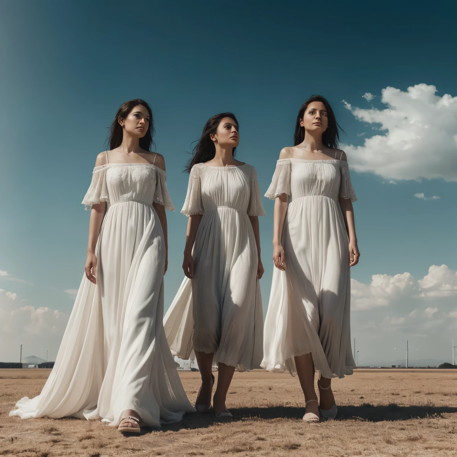 ((in the style of
nicola samori)) four women, white dress, sky, very
windy, sharp focus photo, uhd, hdr, professionally
color graded, perfectly shaded, analog photo, high
quality, highres, detail enhancement, 8k, high
resolution scan, (photo by nikon d800, 50mm zeiss
lens), spotlight