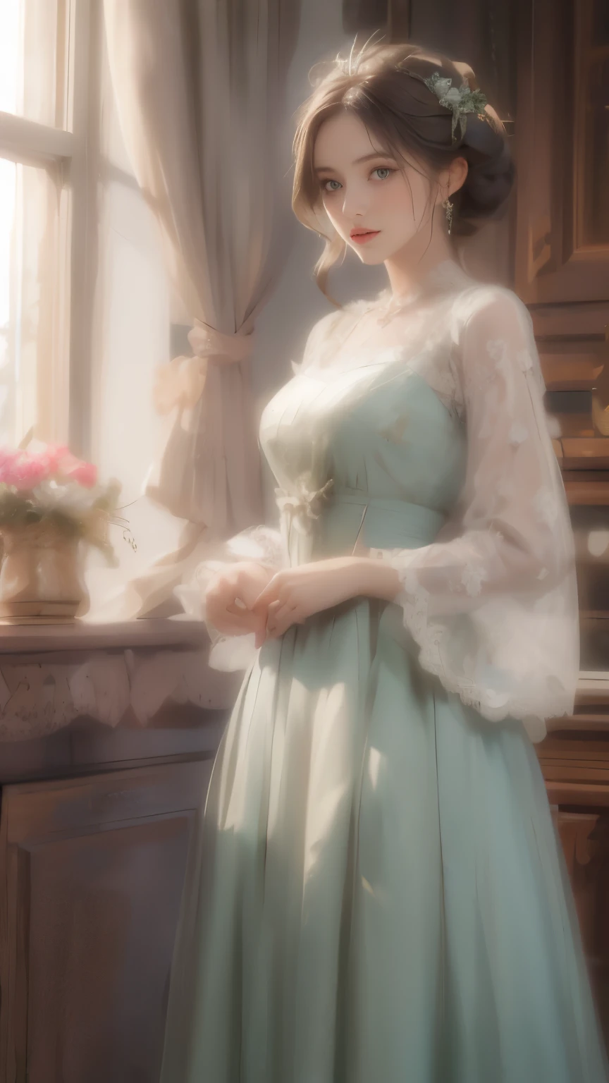 ((masterpiece)), (Best quality), (Simple style), a green dress, Butterfly Heart, pleated lace, Edwardian lace dress.