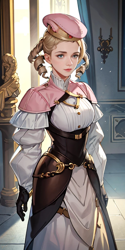 Best image quality, 4k, masterpiece, male, short hair, beautiful mature gentleness, light brown hair, light blue eyes, sharp eyes looking at the camera, face focus, delicate facial features, black uniform, white gloves hat, arms holding, artistic lighting, portraiture, face magnification, [elegant demeanor, dignified atmosphere and excellent posture that catches the eye + beautiful face + portrait painting effect]. pov hand, breast grab, big breast, female perfect face, full-body close-up, long twin drill hair, pink outfit, blonde, pettite female face, standing
