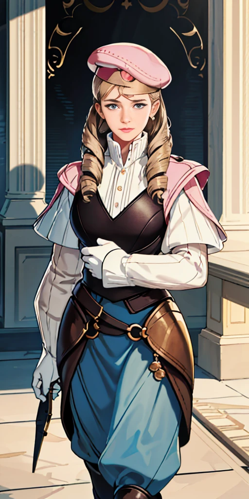 Best image quality, 4k, masterpiece, male, short hair, beautiful mature gentleness, light brown hair, light blue eyes, sharp eyes looking at the camera, face focus, delicate facial features, black uniform, white gloves hat, arms holding, artistic lighting, portraiture, face magnification, [elegant demeanor, dignified atmosphere and excellent posture that catches the eye + beautiful face + portrait painting effect]. pov hand, breast grab, big breast, female perfect face, full-body close-up, long twin drill hair, pink outfit, blonde, pettite female face, standing
