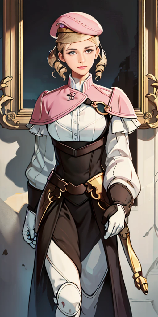 Best image quality, 4k, masterpiece, male, short hair, beautiful mature gentleness, light brown hair, light blue eyes, sharp eyes looking at the camera, face focus, delicate facial features, black uniform, white gloves hat, arms holding, artistic lighting, portraiture, face magnification, [elegant demeanor, dignified atmosphere and excellent posture that catches the eye + beautiful face + portrait painting effect]. pov hand, breast grab, big breast, female perfect face, full-body close-up, long twin drill hair, pink outfit, blonde, pettite female face, standing
