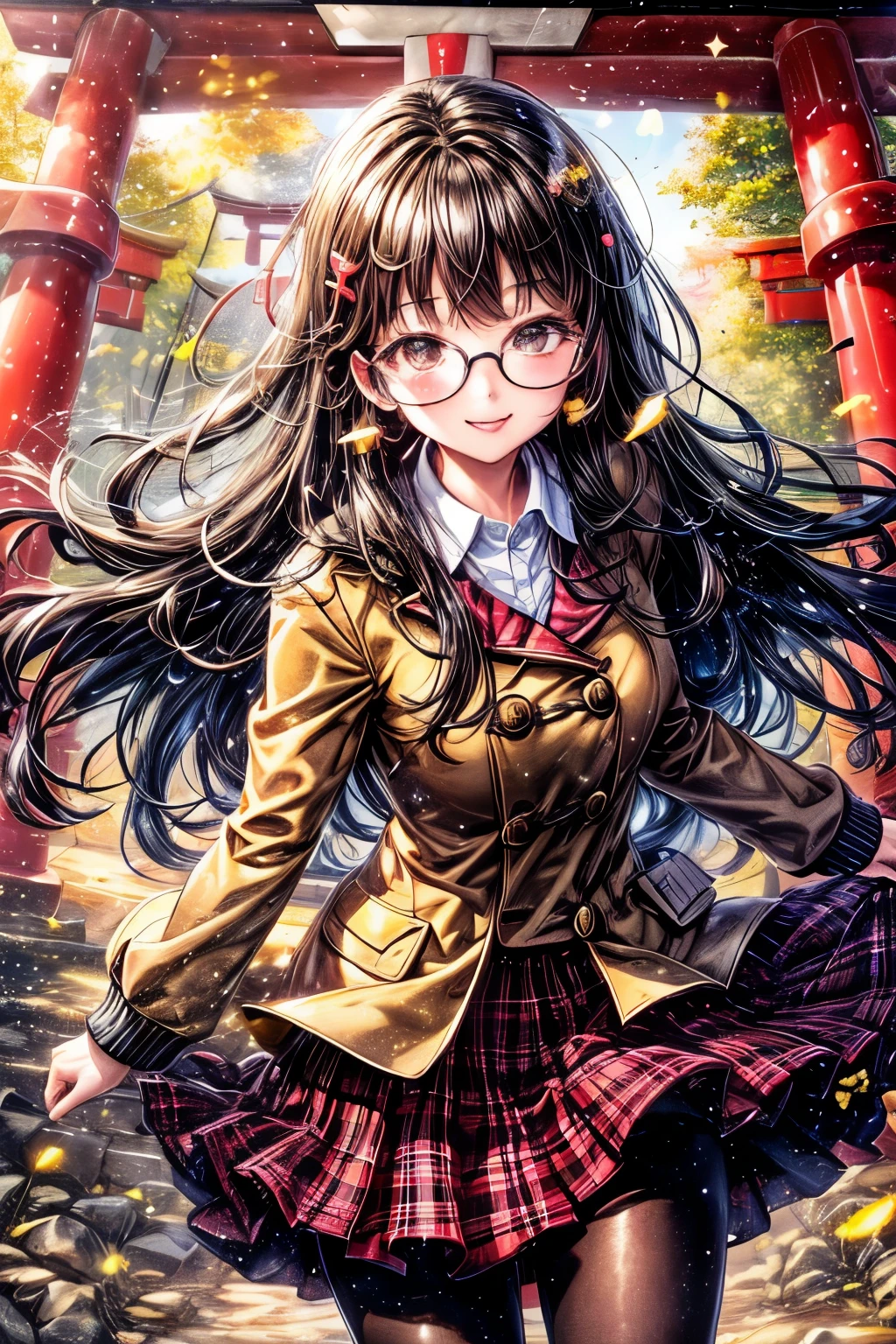 ((worst quality, low quality)), ((Close-up)), (with a girl:1.2), (black haired, shortcut:1.3), (dynamic pose:1.2), (school uniform:1.2),(Wear a dark brown duffel coat on top.:1.4), (body fit beige cardigan:1.2), (white collared shirt underneath:1.3), ((raise button, Doesn&#39;t come loose):1.5),(red plaid pleated skirt:1.3), (cool glasses, under rim:1.2), ((dark brown pantyhose:1.2), plump and glossy lips, beautiful clear eyes, (best smile), spoken heart, head tilt, (light particles, shine of light:1.4), (( Japanese torii gate background)), high angle shot, muste piece, best quality, Super detailed,
