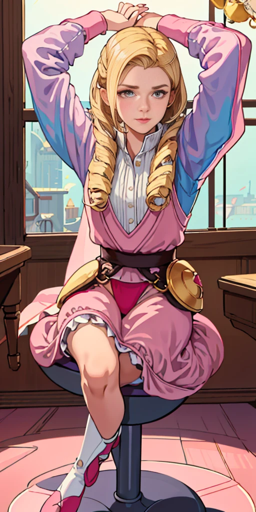 1girl, sitting on the Exercise ball , arms raised in the air , front view, cute, android 18, blonde hair, shor hair, wearing pink nightgown