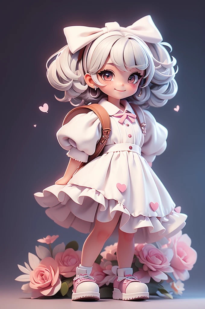 masterpiece, best quality, a cute chibi girl smiling, black hair, white pinafore dress, ((short)) puffy sleeves shirt, white hairbow, black ta shoes, school backpack, (((full body)))