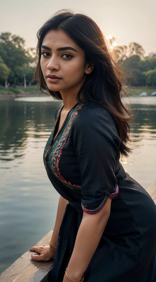 ultra-realistic photographs,Indian Instagram female model,mid 20s,9:16,mid-shot,beautiful detailed eyes,detailed lips,longeyelashes,black stylish hair, naturally full eyebrows,perfectly formed nose,expressive face,attractive appearance,candid photo,vibrant and colorful salwar-kameez dress, heavily embroidered dress, lake background, serene atmosphere,stunning architecture,soft and natural lighting,vivid colors,photorealistic,HDR,highres,studio lighting,ultra-detailed,bokeh,fully covered clothes