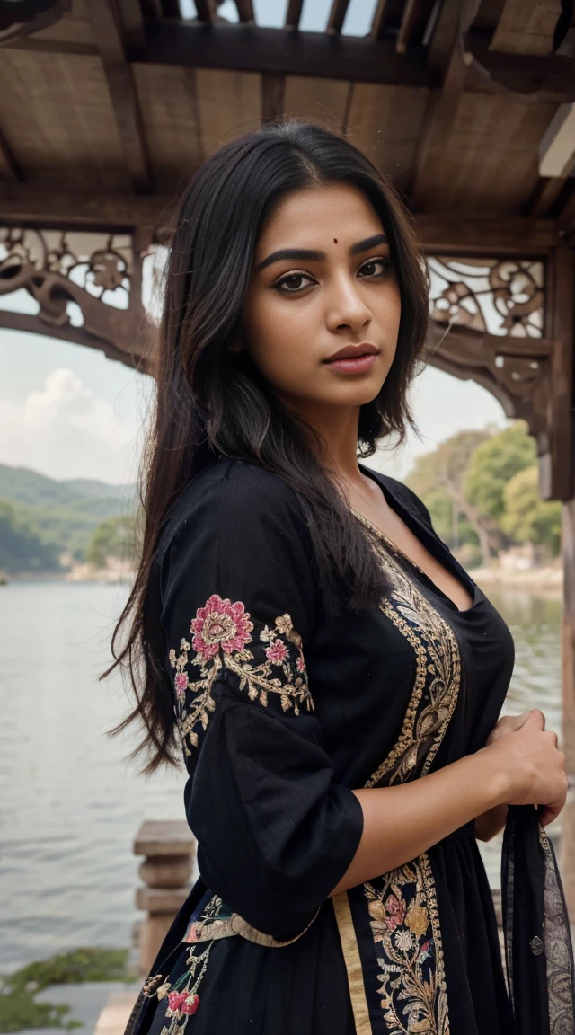 ultra-realistic photographs,Indian Instagram female model,mid 20s,9:16,mid-shot,beautiful detailed eyes,detailed lips,longeyelashes,black stylish hair, naturally full eyebrows,perfectly formed nose,expressive face,attractive appearance,candid photo,vibrant and colorful salwar-kameez dress, heavily embroidered dress, lake background, serene atmosphere,stunning architecture,soft and natural lighting,vivid colors,photorealistic,HDR,highres,studio lighting,ultra-detailed,bokeh,fully covered clothes