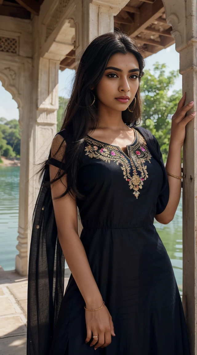 A woman, adorned with extreme beauty and an extremely nice body, captures a lighthearted moment in a charming Instagram photoshoot. Dressed in a black Indian kurta, looking at the camera, she makes a cute face by sticking out her tongue, closing her eyes, and tilting her head, playfully mocking fans. The perfect smile, dark hair, and fair skin add to the whimsy. In a distant shot against the iconic Taj Mahal, she creates a captivating scene. Photographed by Mario Testino, using a Canon EOS R5 with a 50mm lens, the lighting creates a hyperrealistic and joyful portrayal of the playful and charming persona. --v 5 --q 2, 2579001917