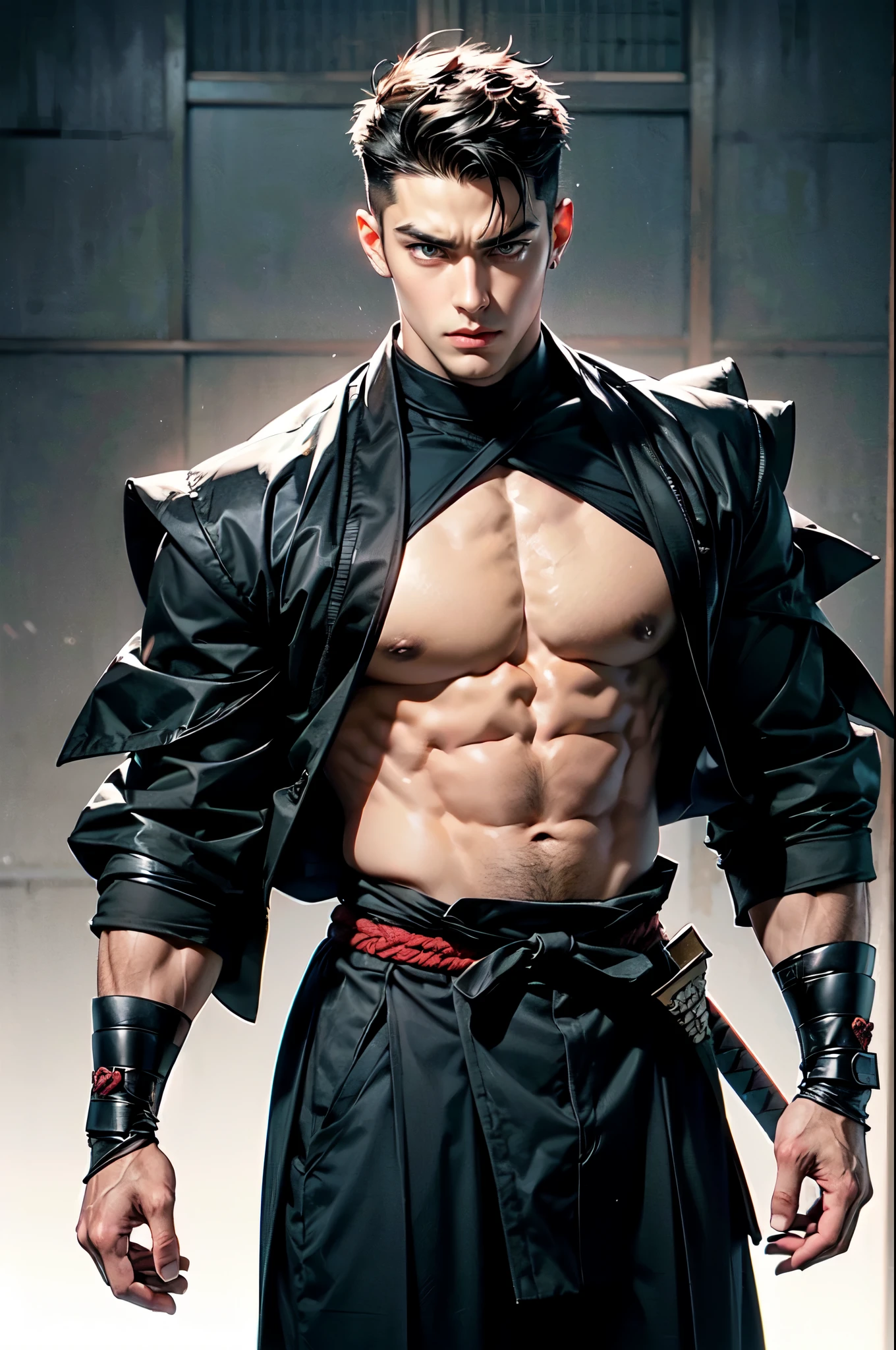 (agressgent:1.2), (most handsome man alive), (daring coldblooded cool guy), (muscular, jacked, 6 foot 4), (ninja samurai demon slayer)