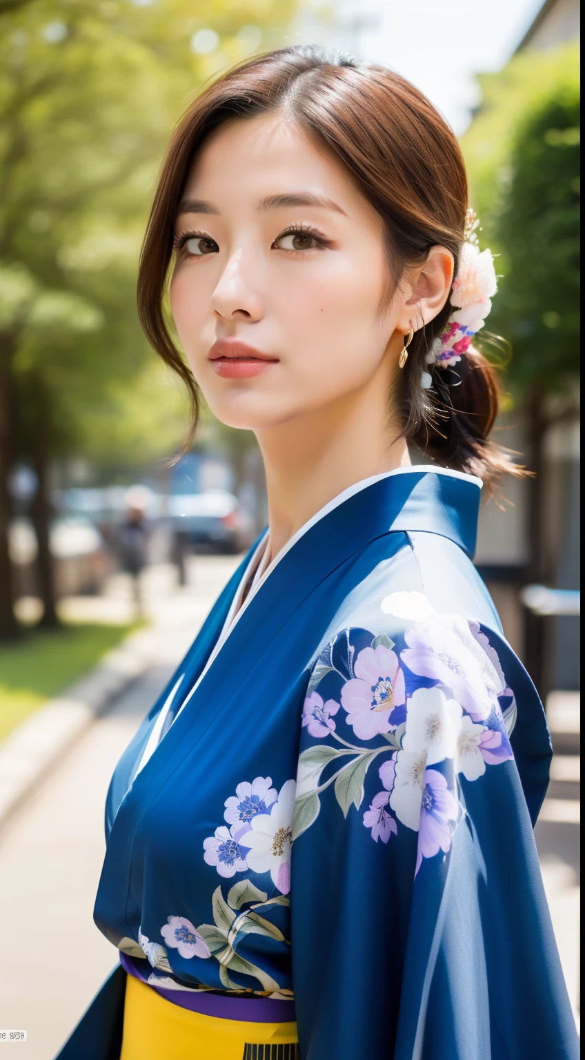 ((Top Quality, 8k, Masterpiece: 1.3)), Sharp Focus: 1.2, Beautiful Woman with Perfect Figure: 1.4, (Kimono), Street Tree, Highly Detailed Face and Skin Texture, Detailed Eyes, (Lips), Dark Brown Hair
