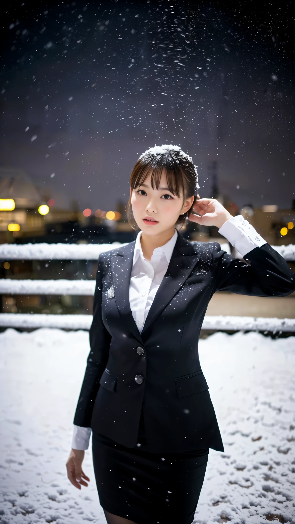 (masutepiece,High quality:1.3),(depth of fields:1.3) ,((front body:1.35)),  Japanese ,beautiful woman,Chignon,Black Piece suit, collared shirt, Black pencil skirt,Huge breasts, chubby,(Looking at Viewer:1.3),(Full body:1.2),,snowy landscape,(It's snowing:1.3),(Beautiful night view of Tokyo town:1.2)