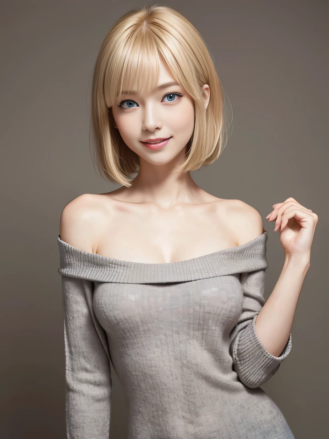 ultra high resolution、super high quality、8K、Wonderful expression with attention to detail、1 female、big smile、Blonde short bob、tall slender woman、super small breasts、Ultra-slender body shape、big blue eyes、I&#39;m wearing a beige off-shoulder knit、dark gray color wallpaper background