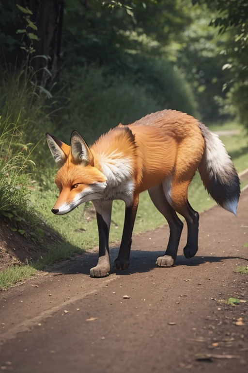 the fox walking with his head looking down at the ground