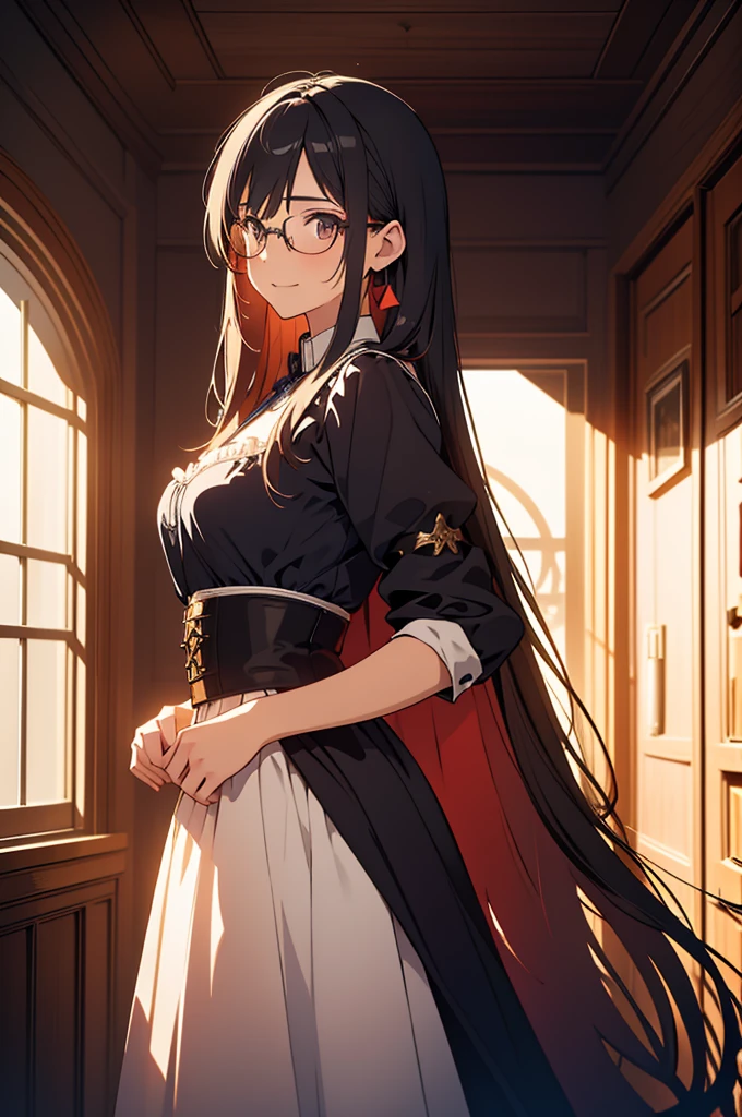 1girl,light smile,very long hair,straight hair,black hair, dark eyes,room,Medieval European House,By the window,Victorian maid costume,sunlight shines through the window,from side,cowboy shot,looking at viewer,calm atmosphere,tall female,glasses,standing,