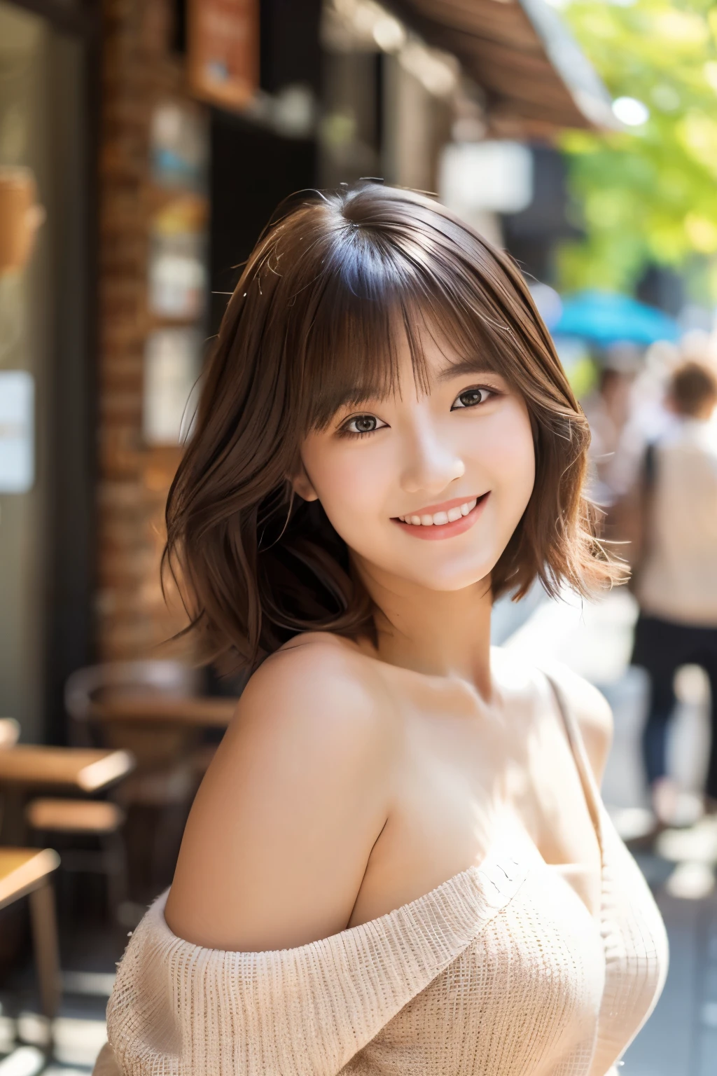 top-quality、ultra-detailliert、​masterpiece、realisitic、Photo Real、one girls、(e 17 rl、small head)、(kawaii:1.2)、huge smile、(Brown hair、Short bob hair)、eyes are brown、perfect glossy skin、((A slender))、((Perfect body))、model poses、accurate depiction、face perfect、Brown cardigan、White shirt、off shoulders、large full breasts、Look here、Bright lighting、Sunnyday、cafes、terraces、Blur the background