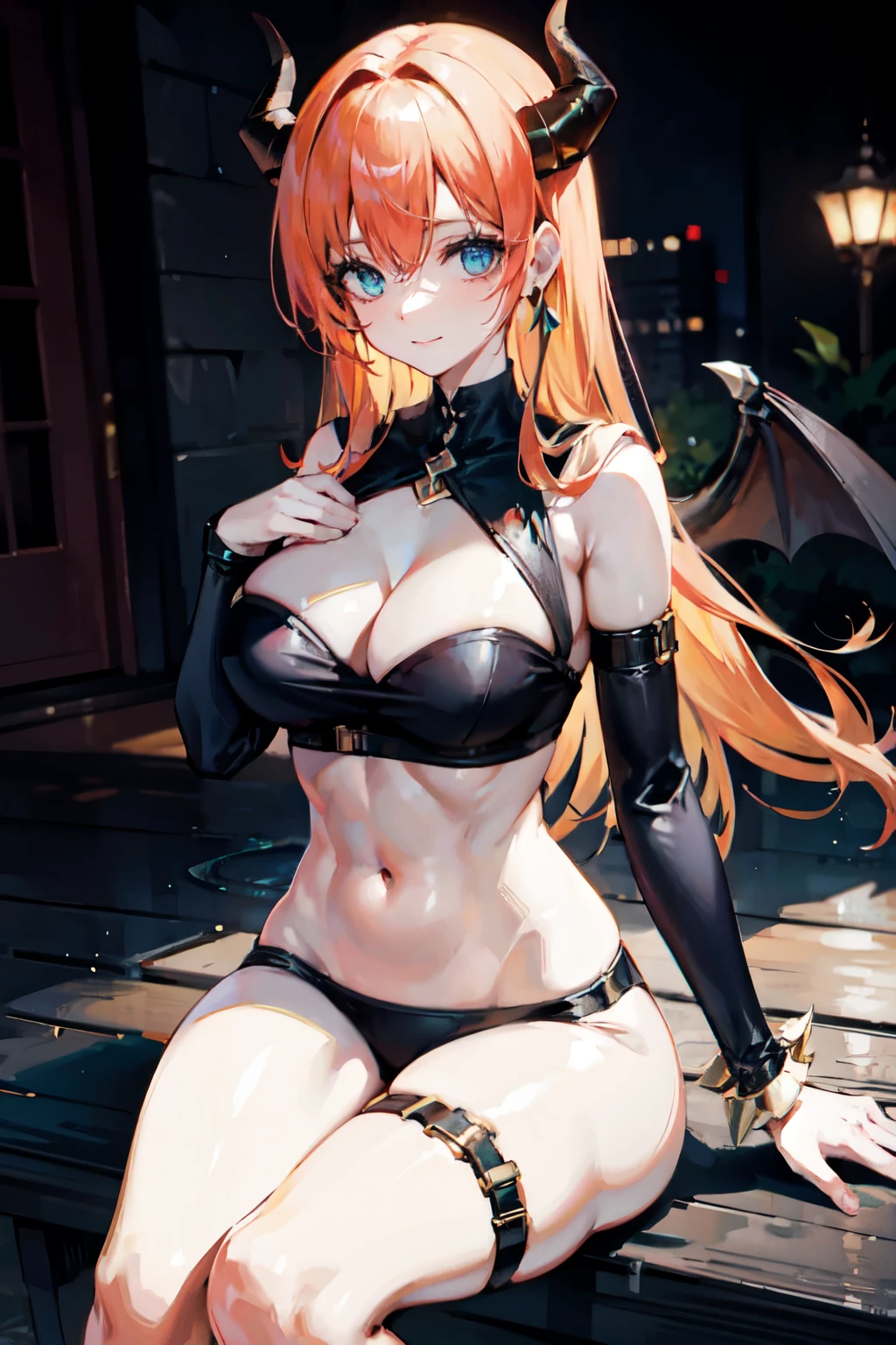 {{masterpiece, best quality, extremely detailed CG, unity 8k wallpaper, cinematic lighting, lens flare}}, (demon horns), cold eyes, mad smile, large breasts, masterpiece、hyper details, ultra-quality、ultra-detailliert、Perfect drawing、Solo、large wing, city backgroung, multi-colored hair red-blue, abs, Detailed eyes, clothes between breasts female focus hairless halter top looking at viewer medium breasts navel outside pink eyes public public nudity spiked bracelet thigh gap, beatiful backgrounds、Accurate drawing、Detailed drawing、high-class sense、Open、Functional、(Composition with an emphasis on the chest)、(Shine a light on the subject)、a girl sitting on the side walk holding a gun, thick body, long blond hair, green eyes,