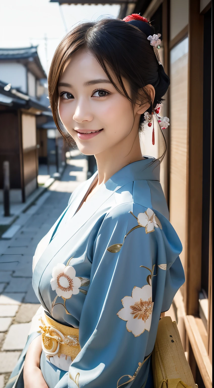 Professional Lighting,(Photorealsitic:1.4), (Top image quality:1.0), (超A high resolution:1.0), 8K, Raw photography, (​masterpiece:0.2), (pureerosface_v1:0.5)、(Best Quality Detail:1.2)、realisitic、8K UHD、hight resolution、(1girl in:1.2)、The ultra-detailliert、High quality textures、intricate detailes、detaileds、Very detailed CG、High quality shadows、Detail Beautiful delicate face、Detail Beautiful delicate eyes、(Symmetrical eyes:1.2),depth of fields、Ray traching,1girl in, japanaese girl, (Natural smile:1.4),Cute, slender, Portrait of a beautiful Japan woman in kimono, Standing in an elegant posture on a street corner in Kyoto. The kimono is vivid with traditional patterns, Hair decorated with elegant and delicate kanzashi, and a gentle expression. (Kyoto's old cityscape in the background:1.4)、Soft light on a spring afternoon、Adds tranquility to the scene. Render in a realistic style with meticulous attention to detail, high resolution images.skyporn, Magic Hour, (Realistic:1.3), Finely detailed, quality, (masutepiece:1.2), (Photorealistic:1.2), (Best Quality), (Intricate details), Dramatic, Ray tracing, photograph, +Lola