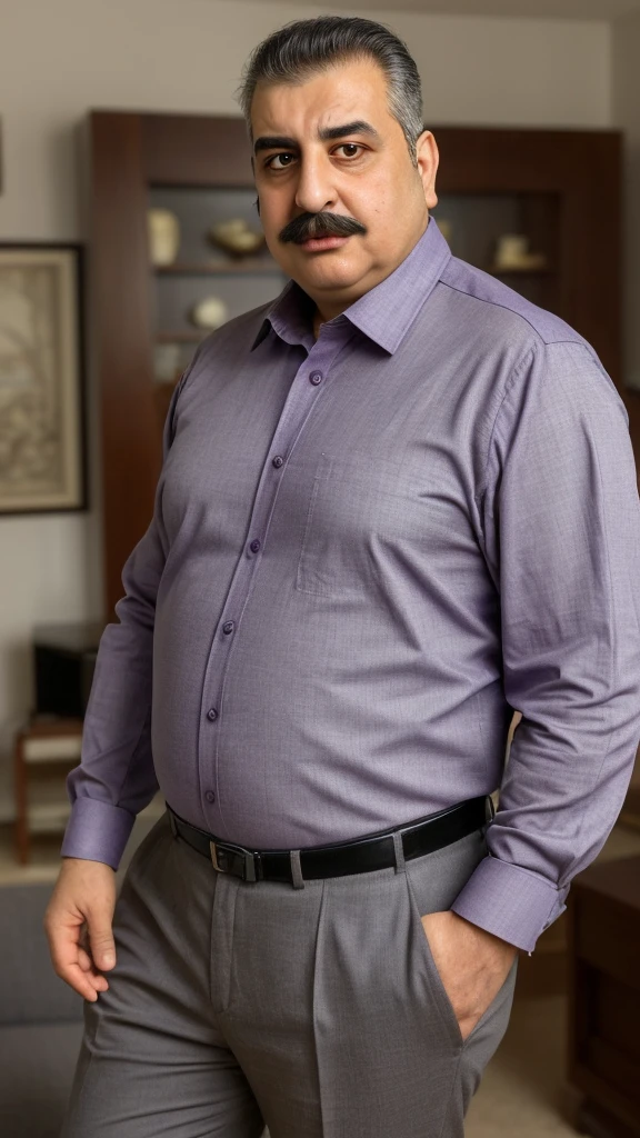 there is a man with a short mustache goatee, wearing a purple long sleeve buttoned shirt and grey slacks, this person does not exist, 50 years old, portly round body, standing in his living room, george patsouras-elias chatzoudis-george doutsiopoulous-sam nassour-ahmad merheb merged, entire body visible, full body, hyperrealistic, best quality, 8K, real human skin, masterpiece, extremely intricate, medium closeup, detailed eyes, detailed face, detailed body, exaggerated features, pronounced features