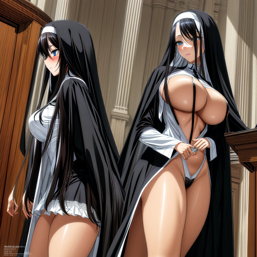 full body, masterpiece, best quality, 1girl, long hair, looking at viewer, :3, cute, nun uniform, latex skin, latex suit, black suit, church, large breasts, enormous breasts, massive ass, busty, (((blue eyes))), red hair, antenna hair, wavy hair, ((beautiful detailed eyes, beautiful detailed glow)), anime, Rias Gremory, blush, divine presence, breathtaking beauty