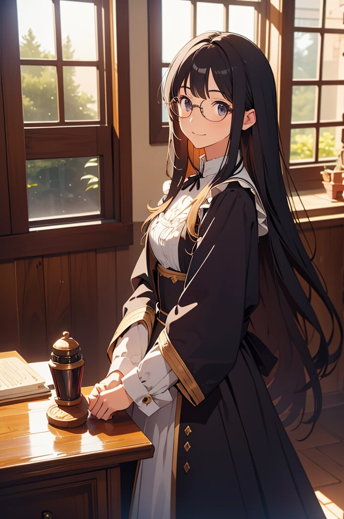1girl,light smile,very long hair,straight hair,black hair, dark eyes,room,Medieval European House,By the window,Victorian maid costume,sunlight shines through the window,from side,cowboy shot,looking at viewer,calm atmosphere,tall female,glasses,standing,