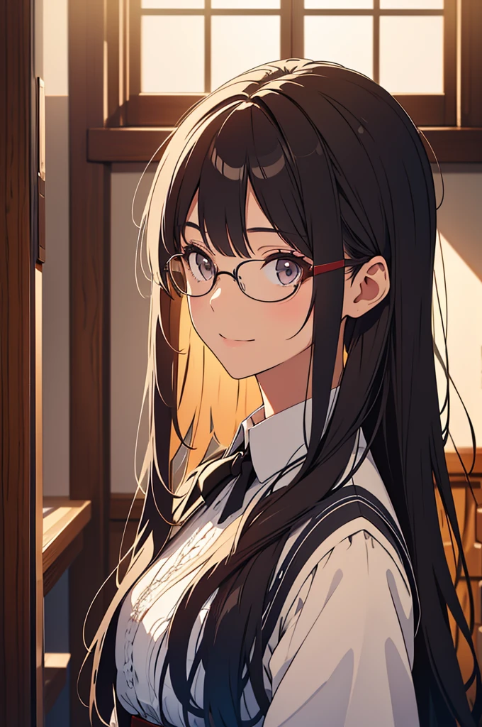 1girl,light smile,very long hair,straight hair,black hair, dark eyes,room,Medieval European House,By the window,Victorian maid costume,sunlight shines through the window,from side,cowboy shot,looking at viewer,calm atmosphere,tall female,glasses,standing,