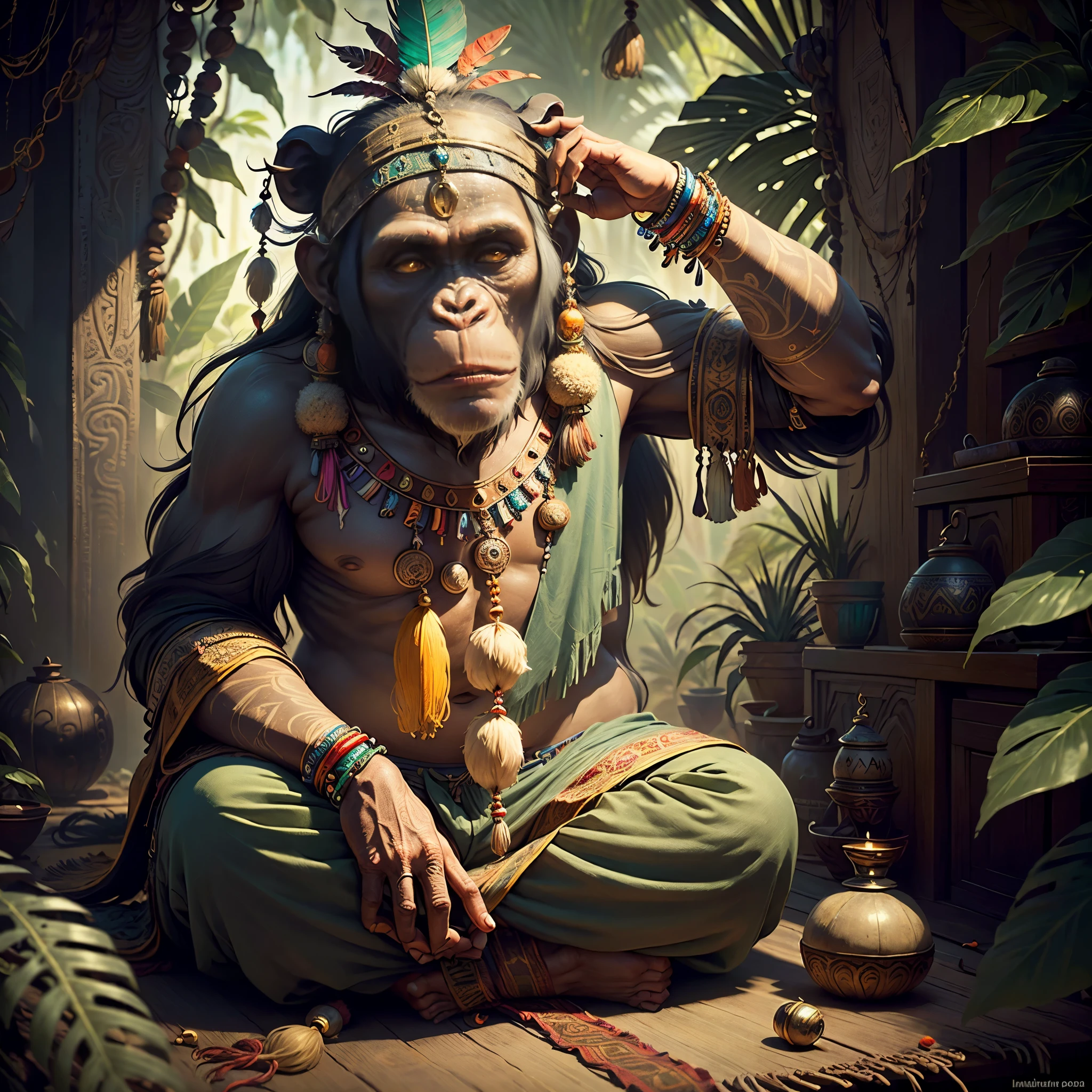 Chimpanzee ((Indian Shaman)),,((meditative state),,Shaman, elegant chimpanzee, hair with details, with Indian headdress on head, ((meditating)) many colorful feathers, colorful feathers, facing the camera, detail: dense tropical foliage, highly detailed intricate, ((masterpiece)), ultra hyperrealistic, masterpiece