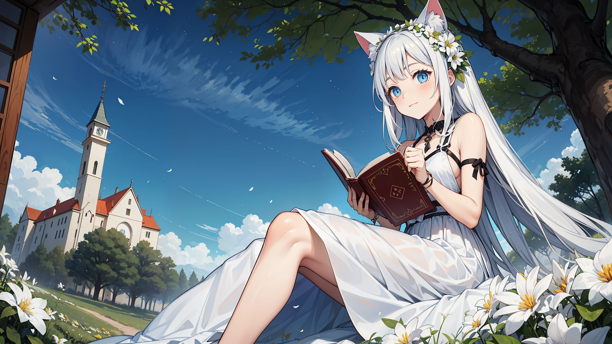 a woman wears a white long dress with cat ear under the star sky, reading a book, blue eyes, high quality, 4K, Beautiful, White Hair, sitting next to tree on the ground surrounded by flowers, pop style