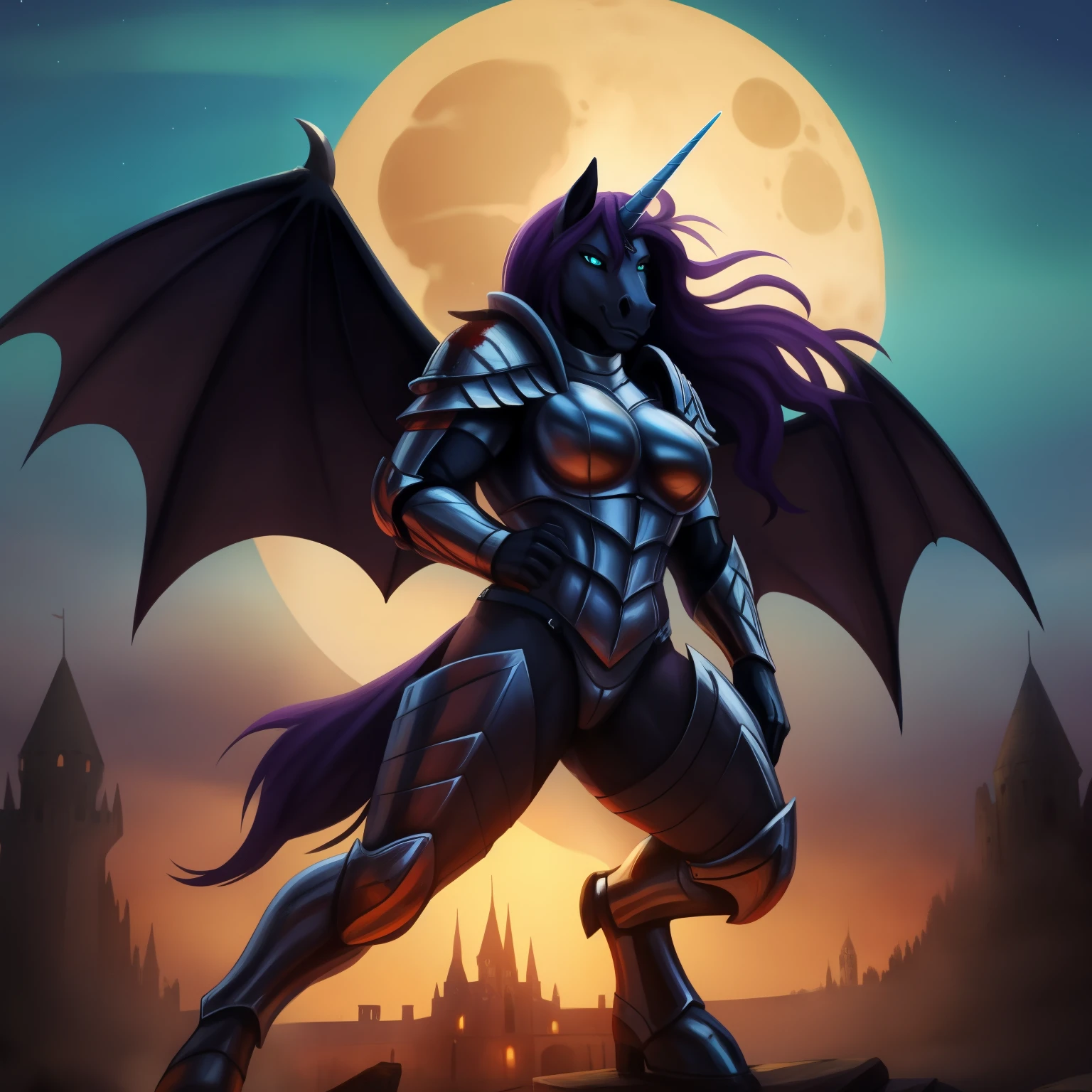 Tall_lanky_muscular_unicorn female dark_purple_hair flowing_hair black_furry_body teal_eyes slit_pupils solo Masterpiece best_quality absurdres highly_detailed well_drawn_eyes bat_wings horse_snout anthro_only by_greasymojo by_runawaystride silver_full_armor burning_castle blood_moon hazy_sky