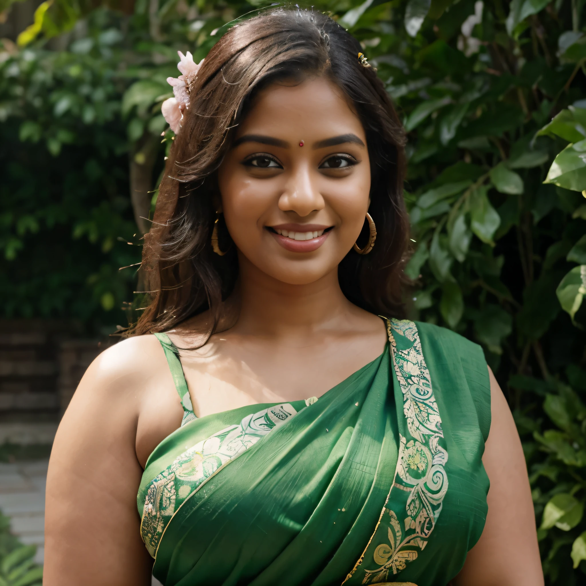 Beautiful full figured tamil woman,smiling at camera, wearing low waist green saree,sleeveless blouse flowers in hair, bindi, in a garden,HD,realistic ,best quality