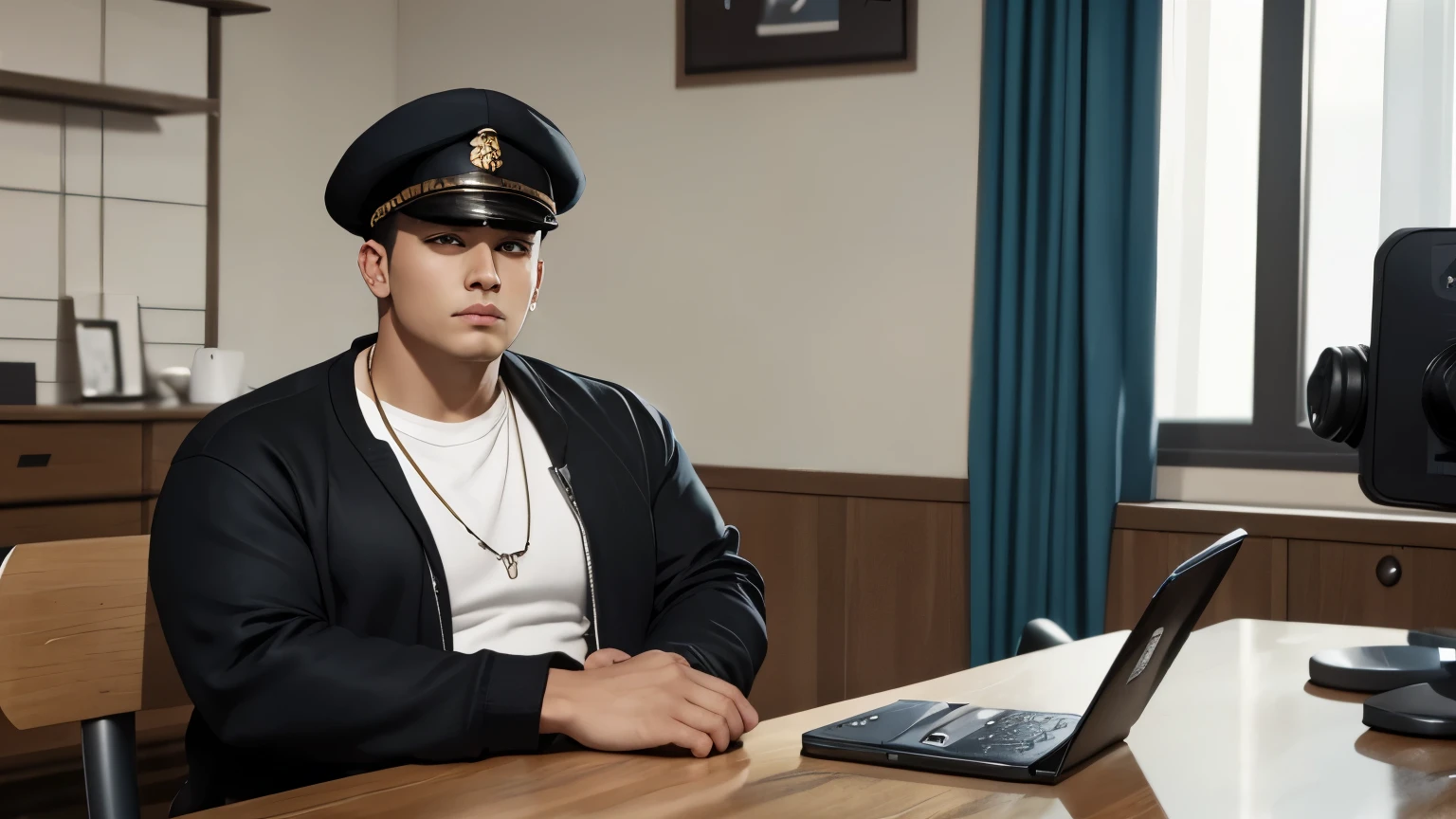 a boy standing full body white undershirt baggy jeans his neck chain with black linen, A black cap. thick eyebrows, sybil riz face shape relatively fit body but not too big, animation, face to face He looks at the audience behind desk (a boy) He is sitting at the table and looking at the camera 