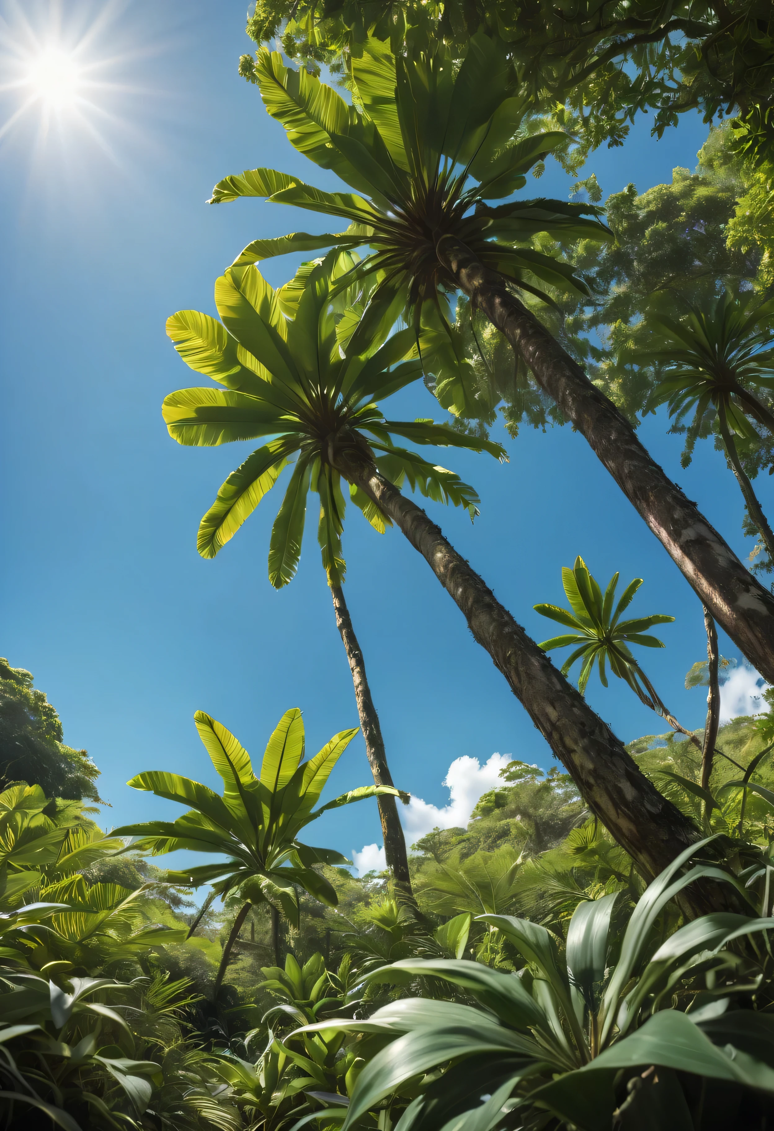 fondo selvatico en perspectiva, con plantas tropicales, sunny day with blue sky, camara inclinada 35 grados, Foto RAW, small details, fotorrealista, Foto ultrarrealista, 8k UHD, digital slr camera, Soft lighting, alta calidad, film grain, Fujifilm XT3