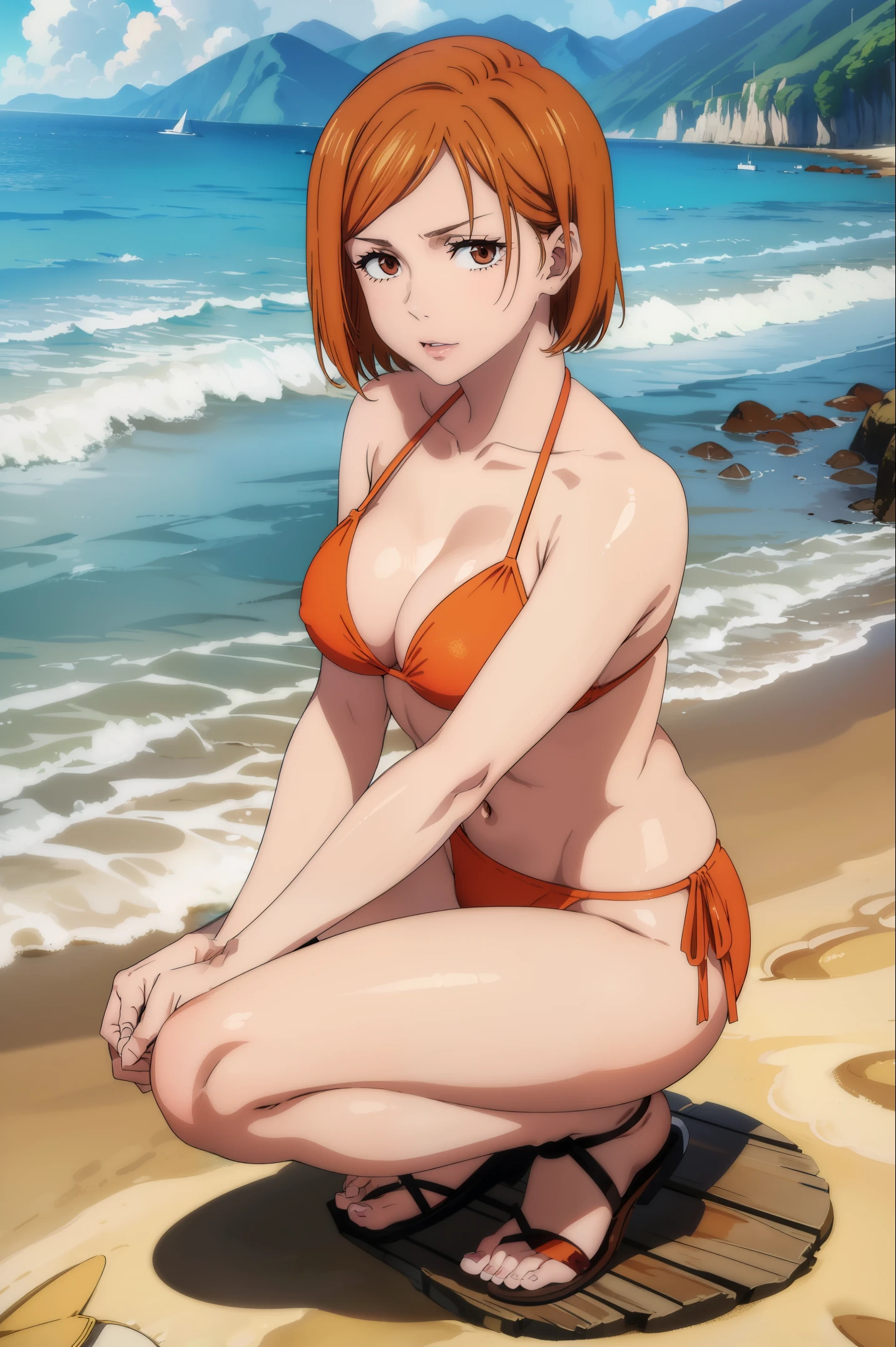 (masterpiece), (best quality), (ultra-detailed), (best illustration), (best shadow), (absurdres), nobarakugisakinova, short hair, orange hair, ((brown eyes)), kugisaki nobara, (bikini), 1girl, solo, bangs, looking at viewer, crouching, beach, thighs