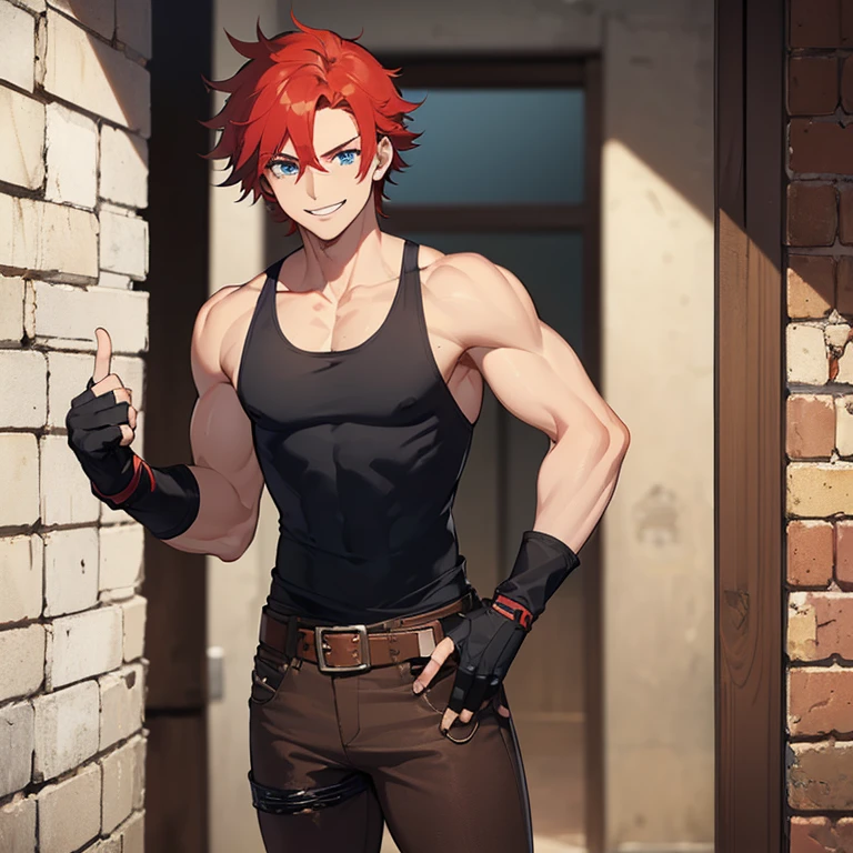 ((1 man, messy red hair, blue eyes)),((with a black tank top, ripped brown pants)),((with a belt, black fingerless gloves)),((with smile)),standing medieval street by day