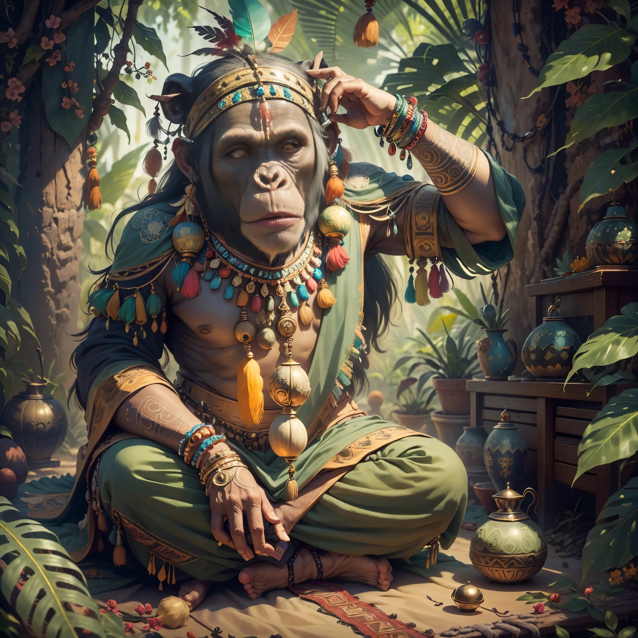 Chimpanzee ((Indian Shaman)),,((meditative state),,Shaman, elegant chimpanzee, hair with details, with Indian headdress on head, ((meditating)) many colorful feathers, colorful feathers, facing the camera, detail: dense tropical foliage, highly detailed intricate, ((masterpiece)), ultra hyperrealistic, masterpiece